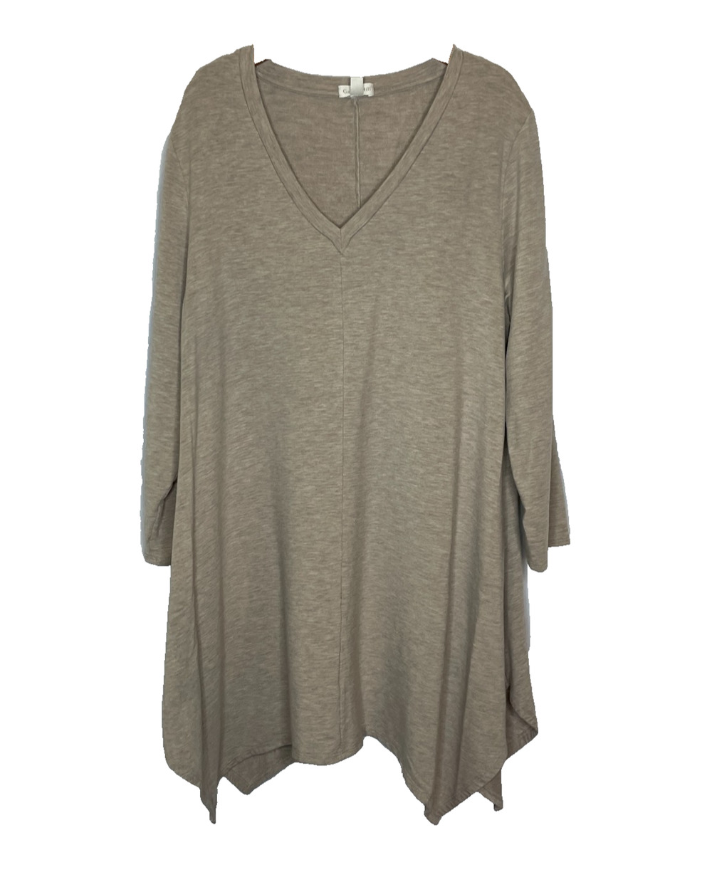 Women's Small Garnet Hill Beige V-Neck Tencel Blend Tunic Long Sleeve Shirt